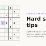 Hard sudoku grid with a highlighted cell showing a naked single and other cells marked for advanced techniques