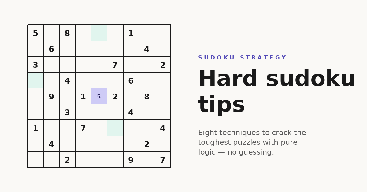 Hard sudoku grid with a highlighted cell showing a naked single and other cells marked for advanced techniques