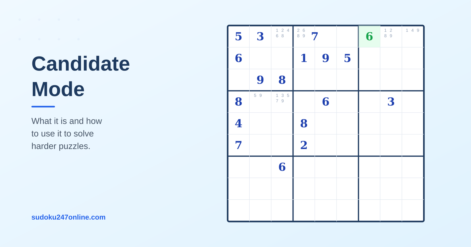 A sudoku grid showing candidate mode with small pencil mark numbers in empty cells and a green highlighted cell where a naked single was found