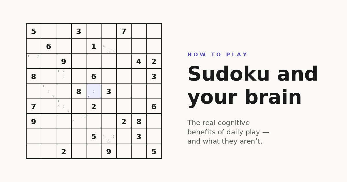 Sudoku grid with pencil marks and a highlighted focus cell, representing the cognitive engagement of playing sudoku