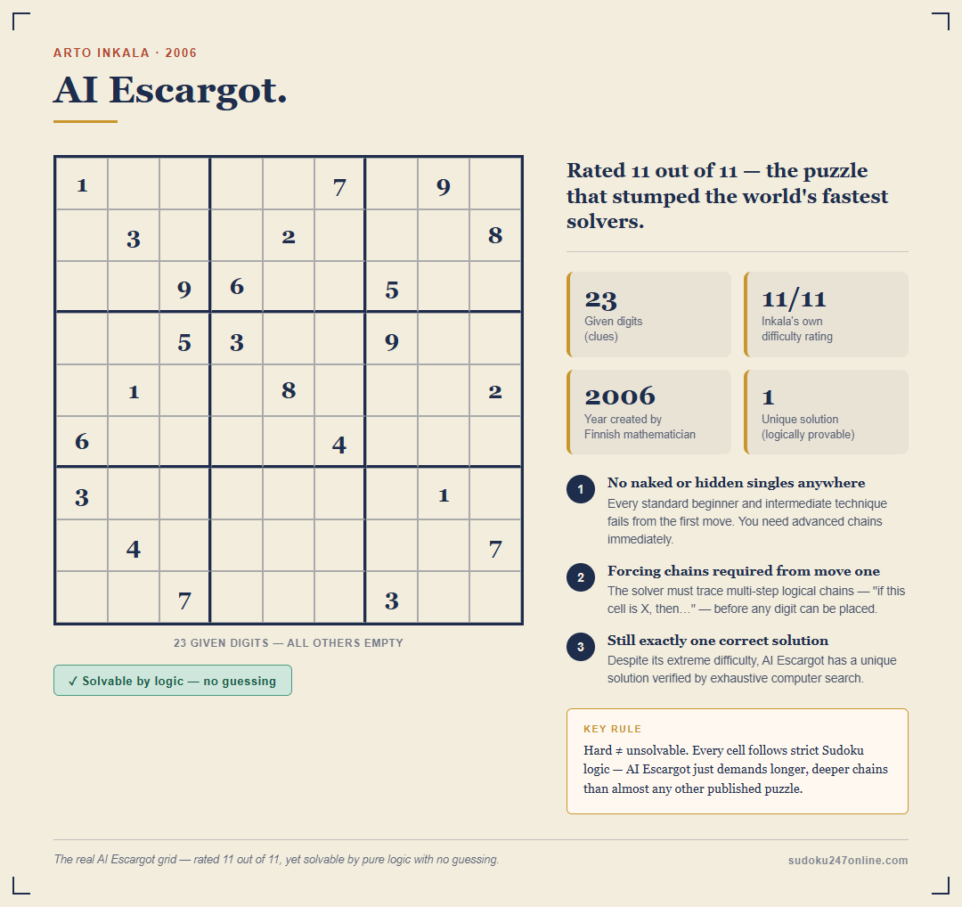 AI Escargot by Arto Inkala — the famous hardest Sudoku puzzle ever, shown as a full solvable grid.