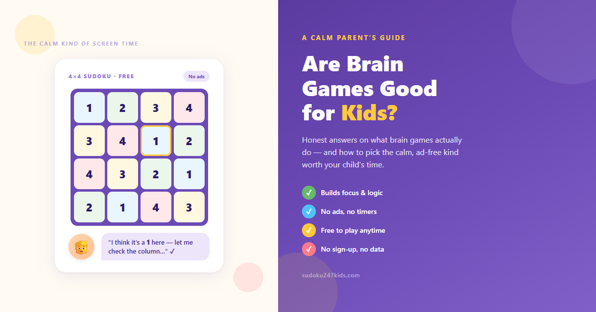 A happy child quietly playing a colourful sudoku puzzle, illustrating calm, ad-free brain games for kids.