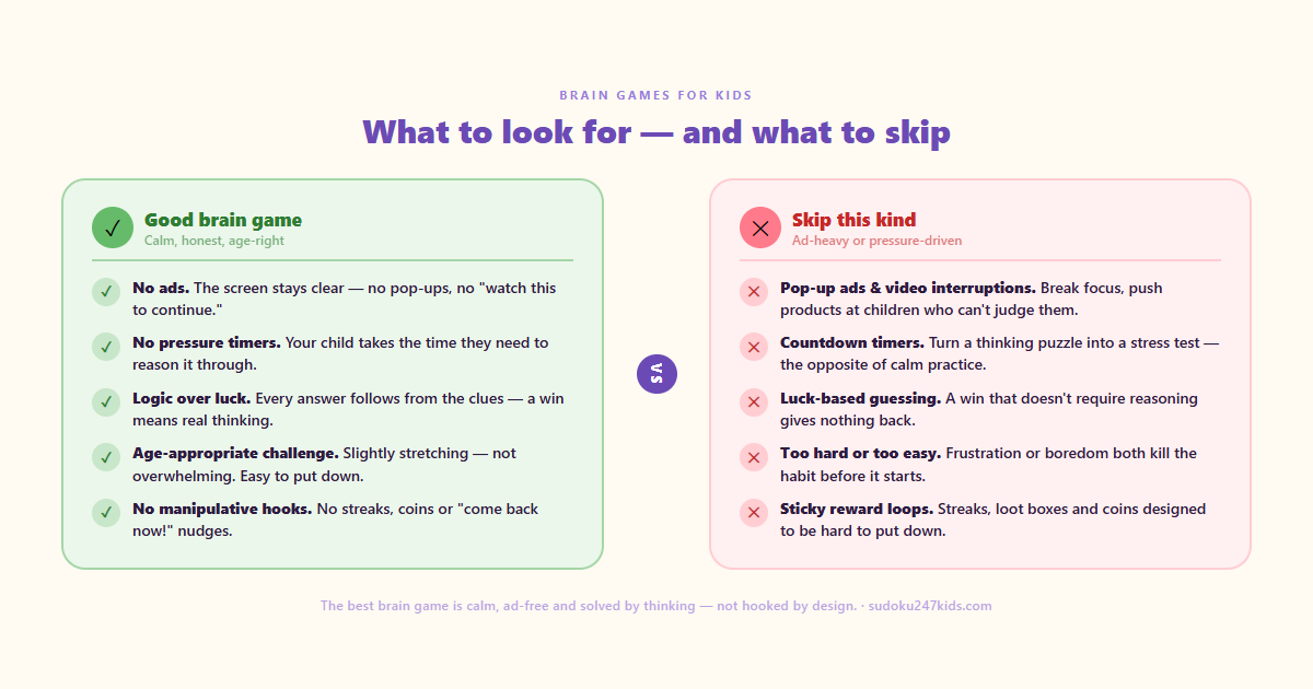 Checklist comparing good brain games for kids (no ads, no timers, age-fit) against ad-heavy, pressured ones.