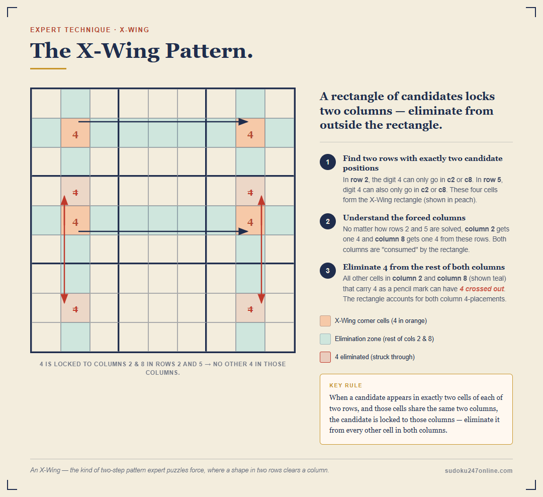Expert Sudoku technique: an X-Wing on the digit 4 lets you eliminate candidates across two columns.