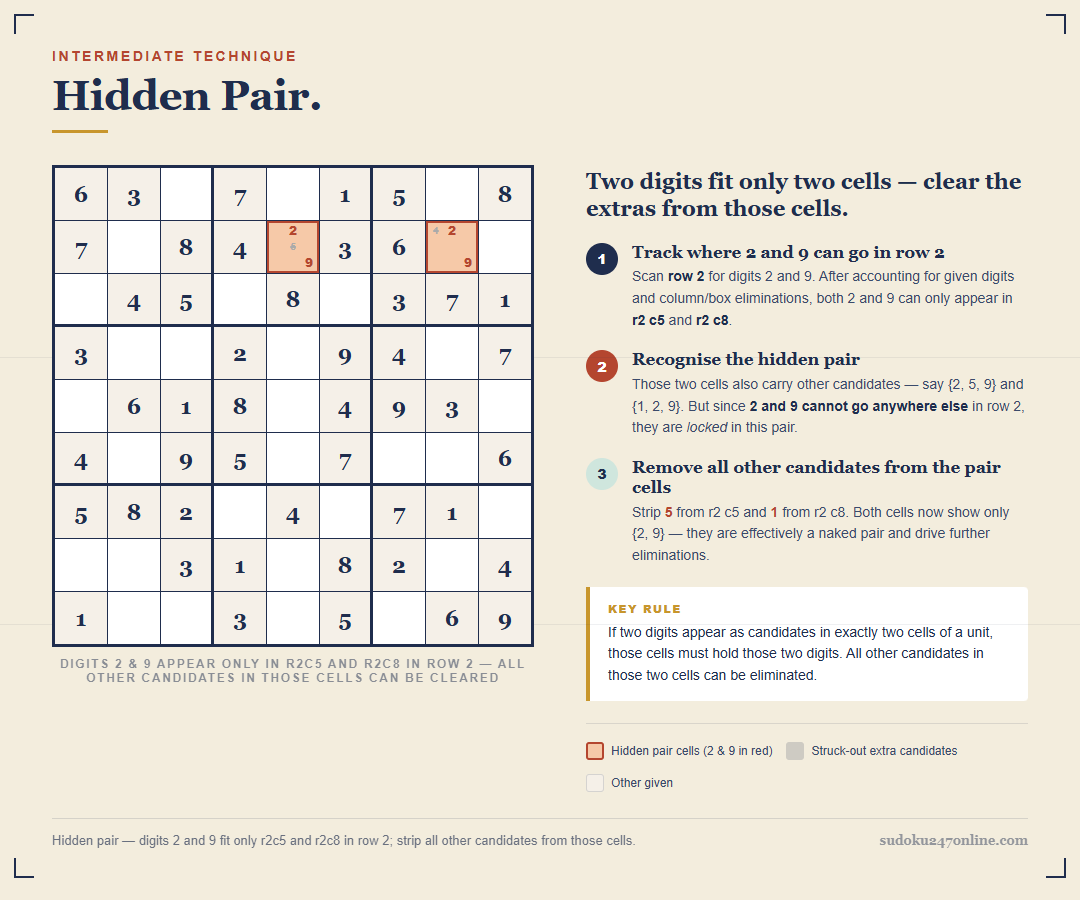 Hidden pair in Sudoku: 2 and 9 fit only cells r2c5 and r2c8, so all other candidates there are removed