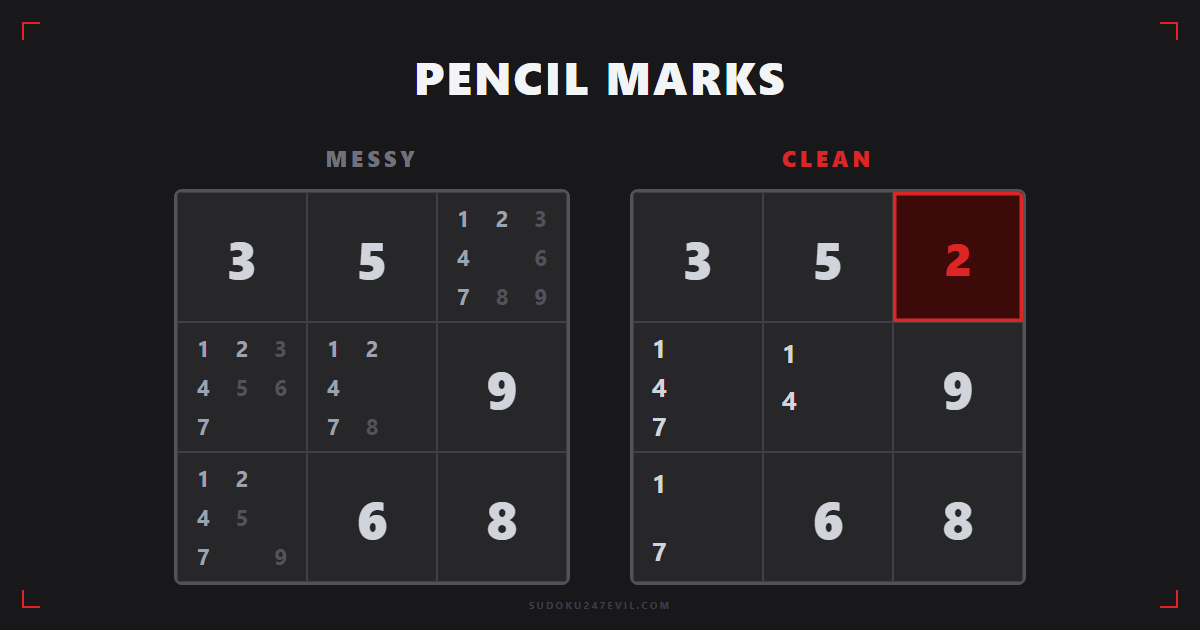 Messy versus clean sudoku pencil marks in the same box — clearing stale candidates reveals a naked single that was hidden in the clutter