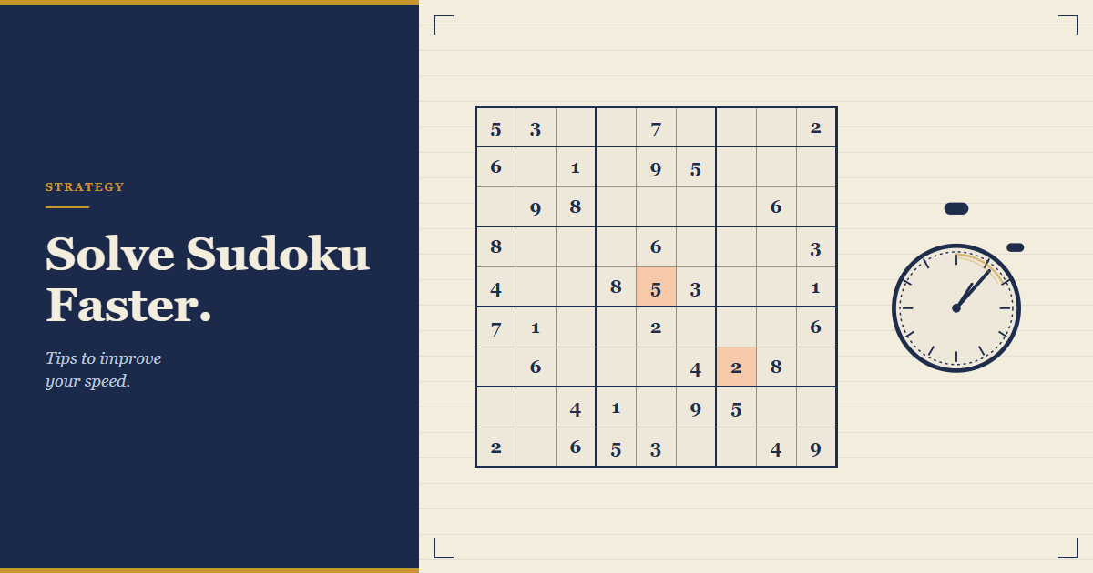 How to solve Sudoku faster: a stopwatch beside a partly solved navy Sudoku grid on cream parchment.