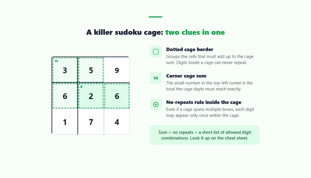A labelled killer sudoku cage showing the dotted border, the corner cage-sum clue, and the cells it covers