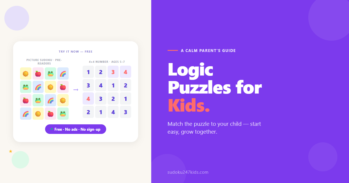 Warm kids desk with a picture sudoku and a 4x4 grid, showing logic puzzles for kids of different ages.