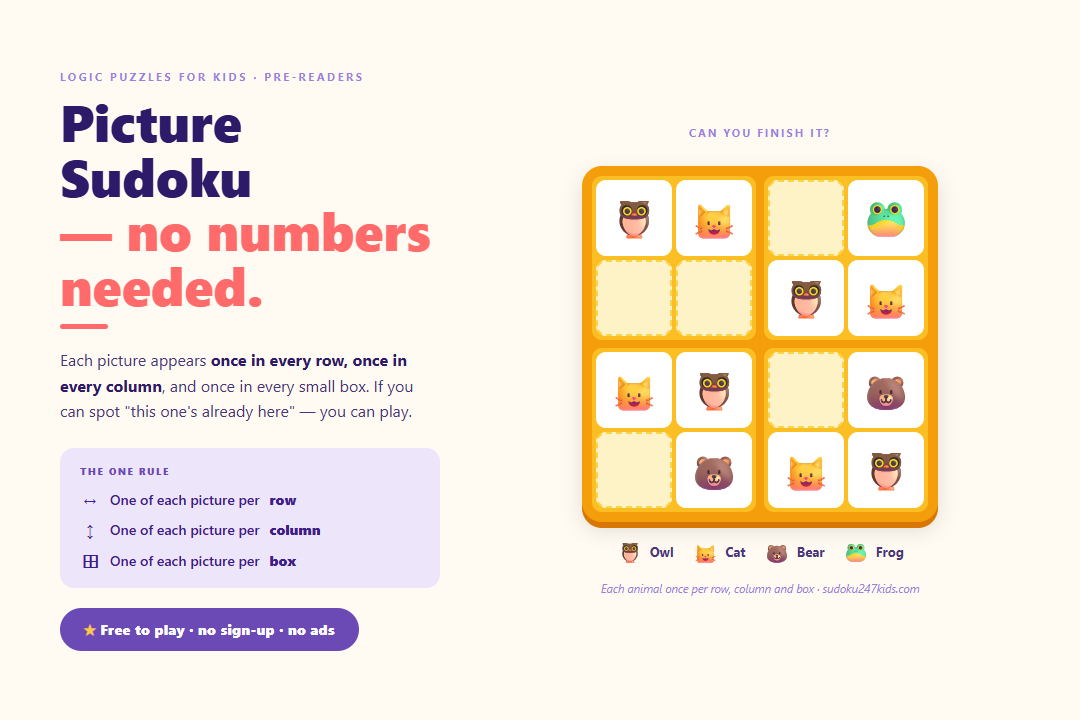 Simple 4x4 picture sudoku for pre-readers using friendly shapes, the easiest logic puzzle for kids.