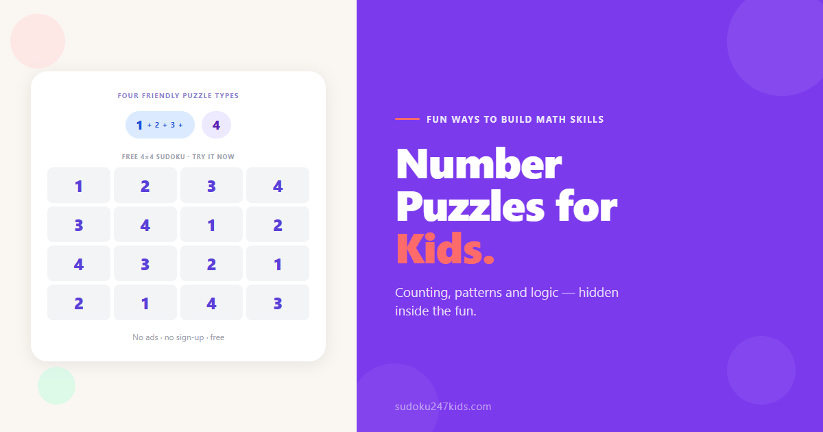 Colourful number puzzles for kids scene with playful digits and a small sudoku grid
