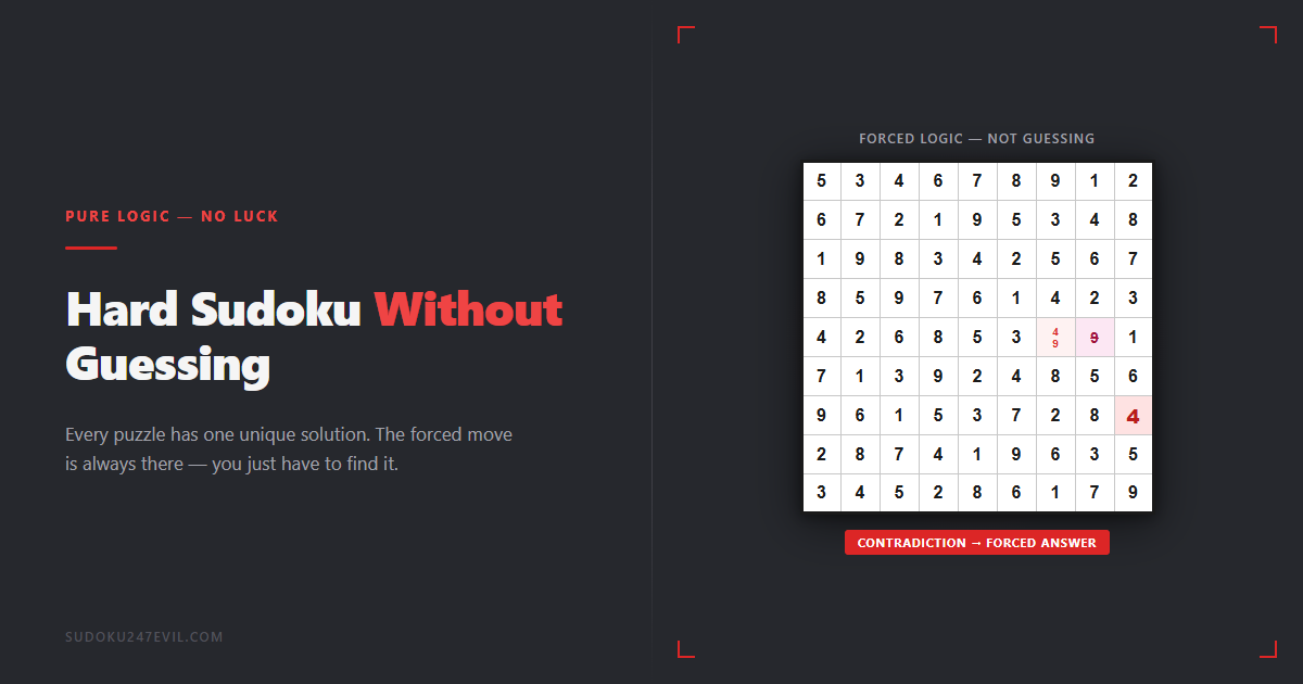 Solving hard sudoku without guessing — a completed grid showing a two-candidate cell, a crossed-out contradiction, and a red forced answer proving pure logic beats guessing