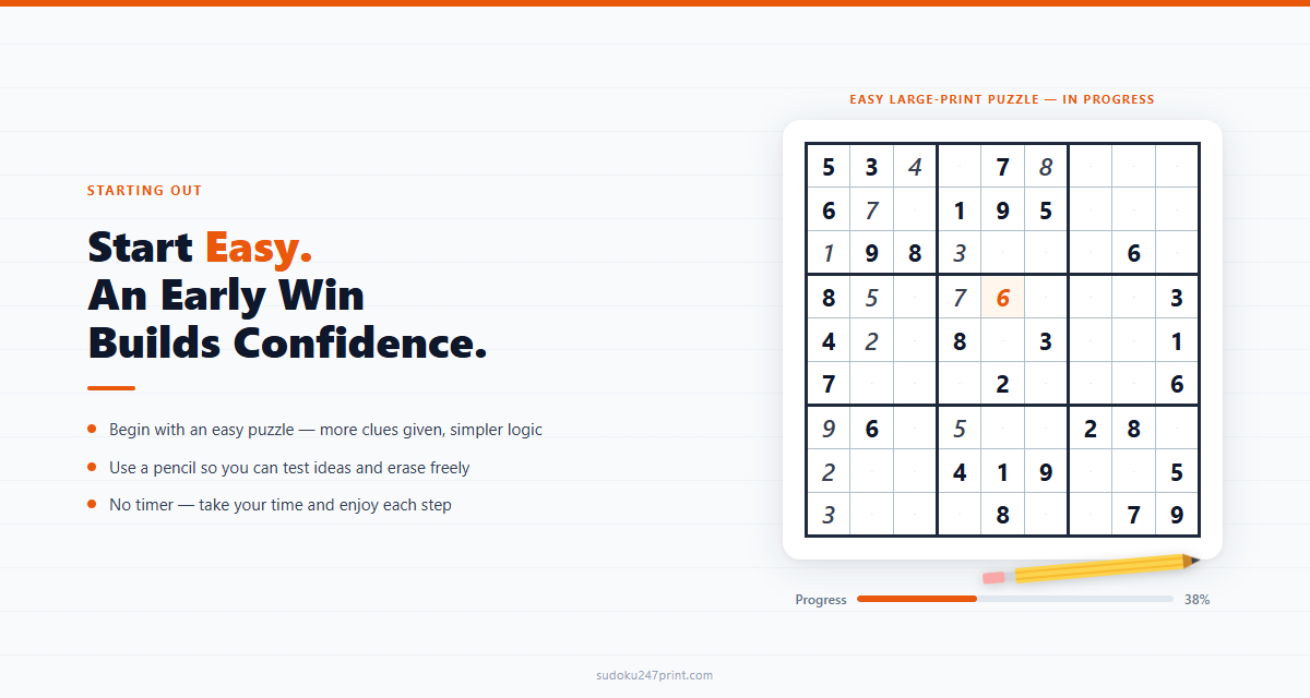 Easy large-print sudoku grid partly filled in with a pencil, illustrating a gentle starting point for seniors.