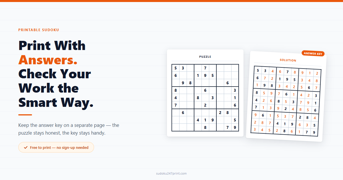 Printable sudoku puzzle sheet beside its answer key sheet on white paper