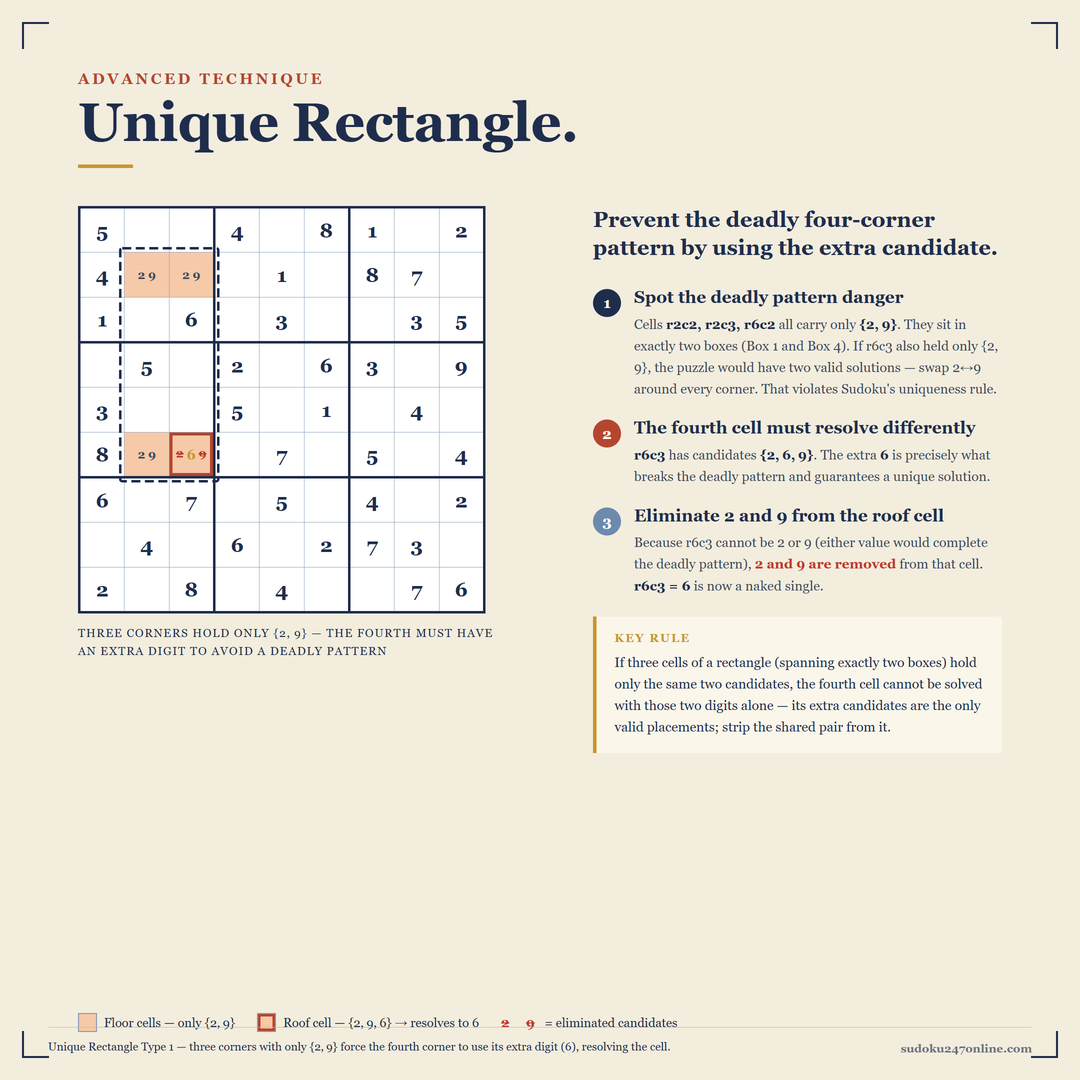 Unique rectangle in Sudoku: three corner cells share {2,9} while the fourth resolves to 6, breaking the deadly pattern